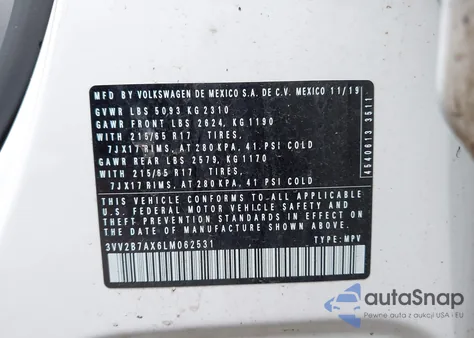 2020 Volkswagen Tiguan from USA, damaged, VIN 3VV2B7AX6LM062531